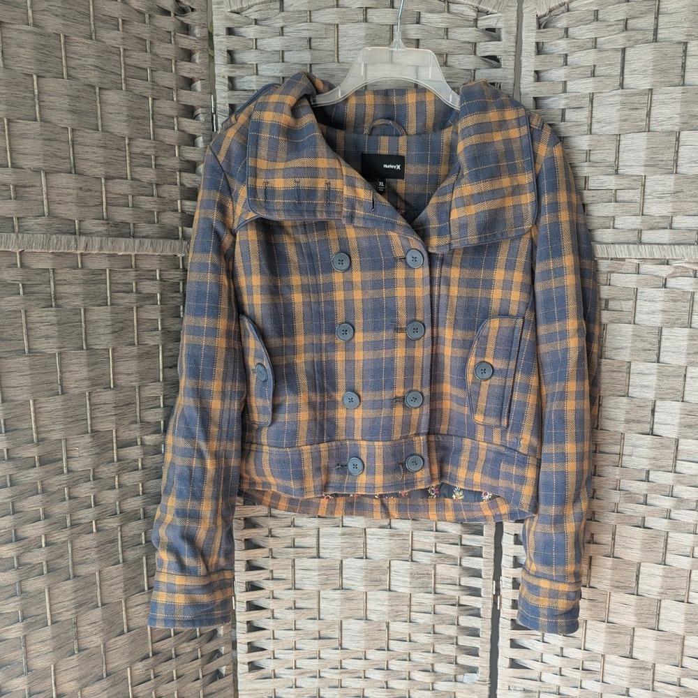 Hurley Peacoat Blue Mustard Plaid Wool Blend Funnel Neck Cropped XL Fall Preppy